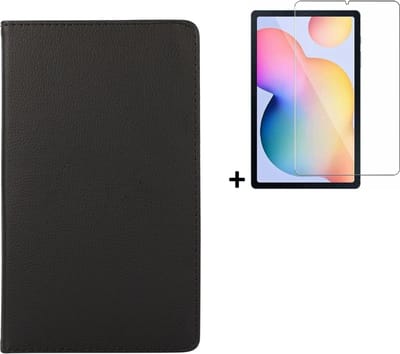 Hoesje Geschikt voor Samsung Galaxy Tab S6 Lite - 10.4 inch - Screenprotector Samsung Galaxy Tab S6 Lite - Draaibare Book Case Zwart + Tempered Glass