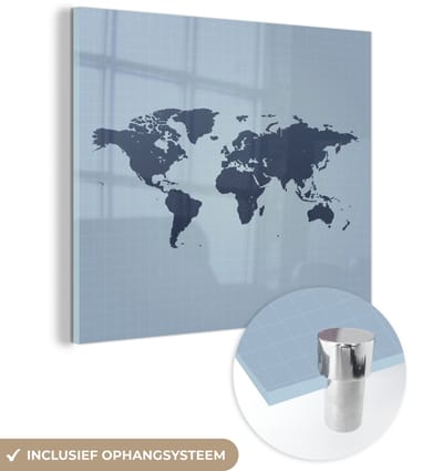 ® Glasschilderij 20x20 cm - Schilderij acrylglas - Wereldkaart - Minimalisme - Blauw - Foto op glas - Muurdecoratie woonkamer - Wanddecoratie slaapkamer - Schilderijen