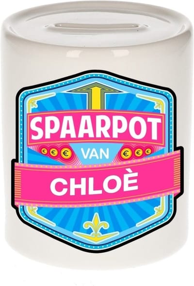 Bellatio Decorations Kinder spaarpot met naam - Chloe - keramiek - met dop - wit - Sparen - Spaargeld van Chloe