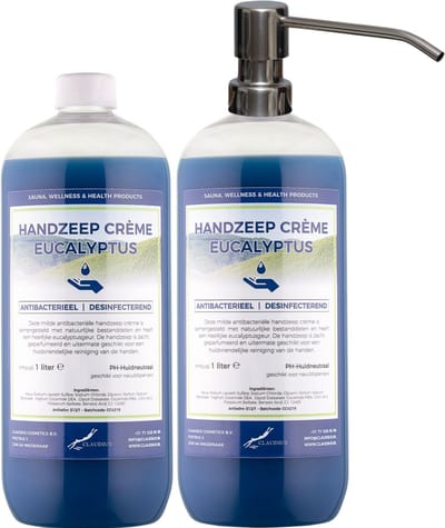 Handzeep Crème Eucalyptus 1 liter - set van 2 stuks - met gratis RVS zilverkleurige pomp - Voordeelverpakking