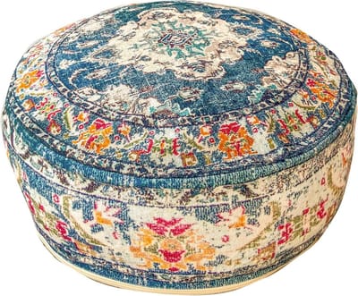 Ronde Poef - Zitkussen Voetenbank - Woonkamer Decoratie - Handgemaakt Boho Stijl - 60x20 cm - Blauw