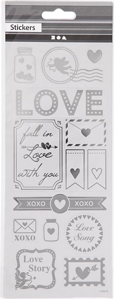 Stickers, love, vel 10x24 cm, ca. 14 stuk, zilver, 1 vel