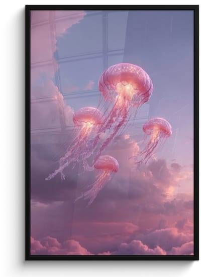 Poster in lijst - Fotolijst 80x120 cm - Posters - Kwallen - Roze - Wolken - Posterlijst zwart - Decoratie - Wanddecoratie woonkamer - Muurdecoratie slaapkamer