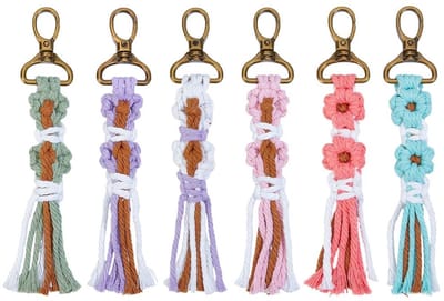 Dailygoods- Sleutelhanger 6 stuks - Gebreide Decoratie - Katoen Gevlochten - Bloemenkwastjes - Lichtgewicht - Stijlvol Accessoire - Sleutelkoord