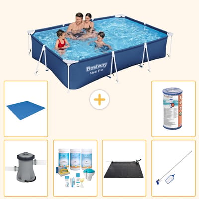 Bestway Rechthoekig Steel Pro Zwembad - 300 x 201 x 66 cm - Blauw - Inclusief Pomp - Onderhoudspakket - Solar Mat - Schoonmaakset - Grondzeil - Filter - 7-delig