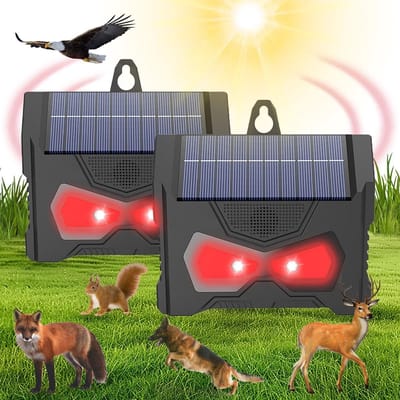 Set van 2 zonne-energie dierverjagers voor buiten – verjager voor stinkdieren, wasberen, coyotes en vossen – dierverschrikker met 'roofdierogen'