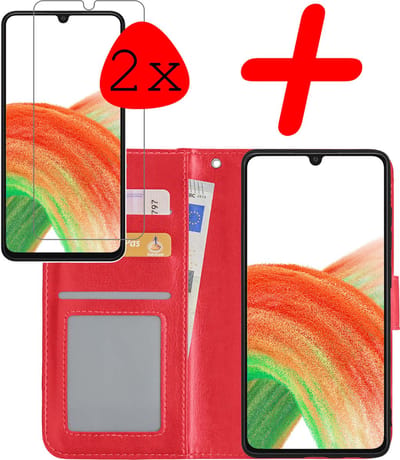 Hoesje Met 2x Screenprotector - Geschikt voor Samsung Galaxy A33 - Luxe Pasjeshouder - Bookcase Portemonee - Flip Case - Kunstleer Book Case - Flipcase Hoes - Book Cover - Walletcase - Portemonneehoes - Rood