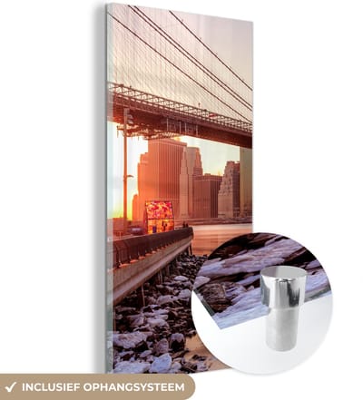MuchoWow® Glasschilderij 20x40 cm - Schilderij acrylglas - New York - Brooklyn - Bridge - Foto op glas - Schilderijen