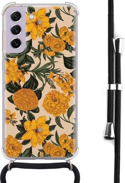 Hoesje met koord - Geschikt voor Samsung Galaxy S21 FE - Retro flowers - Verstelbaar zwart koord - Crossbody - Bloemen - Transparant, Oranje - Leuke Telefoonhoesjes