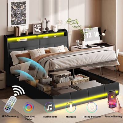 Gestoffeerd tweepersoonsbed 140 x 200 cm, modern gestoffeerd bed, hoofdbord met ledverlichting, stevig bedframe met lattenbodem, jeugdbed, zwart PU-leer, zonder matras - gesplitst voor 2 personen. Pakket naar verzending