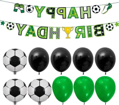 Voetbalfeest Decoratie: 1 Voetbalvlag en 10 Voetbalballonnen voor een Sportief Verjaardagsfeest, Wereldbeker Thema Versiering en Hangende Vlaggen.