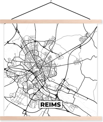 Posterhanger incl. Poster 40x40 cm - Schoolplaat - Kaart - Plattegrond - Reims - Frankrijk - Stadskaart - Zwart wit - Textielposter - Blanke latten - Stadskaart