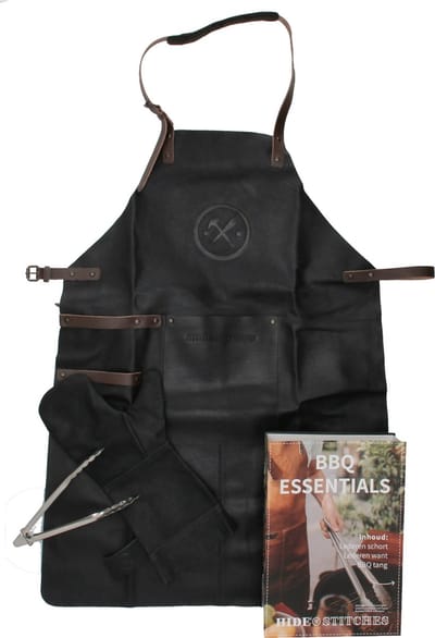 Hide & Stitches 100% Lederen Barbecue Schort + Handschoenen Giftset - Zwart