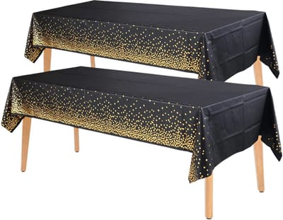 2x Tafelkleed Laken Verjaardag Versiering Tafeldecoratie Feest Zwart/Goud Stippen Tafellaken Plastic Tafelzeil 274*137cm