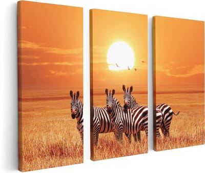 Artaza Canvas Schilderij Drieluik Drie Zebra's Bij Zonsondergang - 120x80 - Foto Op Canvas - Canvas Print