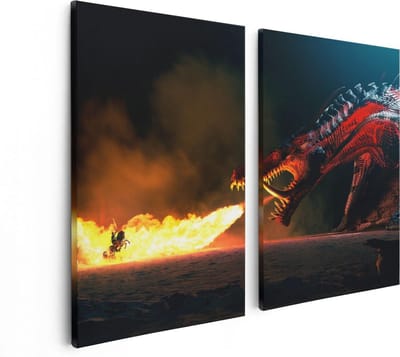 Artaza Canvas Schilderij Tweeluik Draak Spuwt Vuur op een Paard en Knecht - 80x60 - Foto Op Canvas - Canvas Print