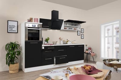 Goedkope keuken 270  cm - complete keuken met apparatuur Amanda  - Wit/Zwart - soft close - keramische kookplaat    - afzuigkap - oven    - spoelbak