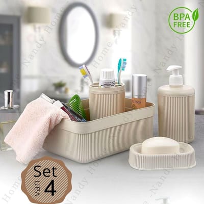 Voce Badkamer Accessoires 4 delige Set | Zeepdispenser | Zeepbakje| Tandenborstelhouder | Keuken Mandje  | Beige