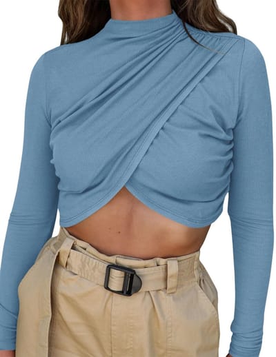 Dailygoods- Crop Top Dames - Lange Mouwen - Wikkelruches - Asymmetrische Zoom - Mock Neck - Comfortabele Stof - Blouse