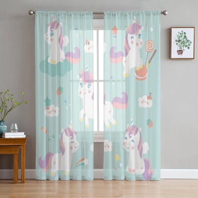 Schattige Eenhoorn Met Zoete Snoep Transparante Gordijnen Voor Slaapkamer Woonkamer Tule Gordijnen Voor Keuken Raam Voile Gordijnen 135W x 137H(cm)