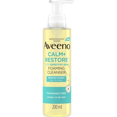 Aveeno Face CALM+RESTORE Foaming Cleanser | Removes Makeup + Waterproof Mascara | Gezichtschuimreiniger voor de Gevoelige Huid, Zonder Parfum, 200ml