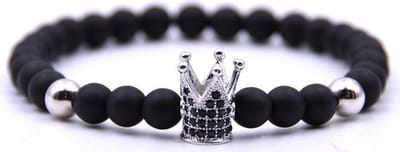 Kralen Armband met Zilver Kleurige Kroontje - Zwart - Kroon - Armbanden Heren Dames - Papa Cadeau Voor Mannen - Vaderdag