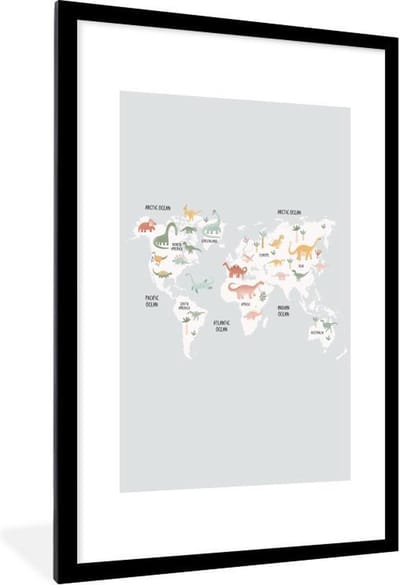 Poster in lijst - Fotolijst 80x120 cm - Posters - Wereldkaart - Kind - Dino - Posterlijst zwart - Decoratie - Wanddecoratie woonkamer - Muurdecoratie slaapkamer