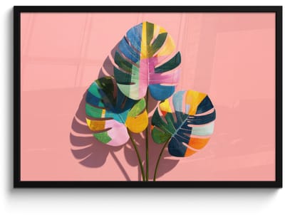 Poster in lijst - Fotolijst 90x60 cm - Posters - Bladeren - Geschilderd - Vlakken - Kleurrijk - Posterlijst zwart - Decoratie - Wanddecoratie woonkamer - Muurdecoratie slaapkamer