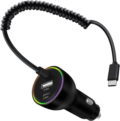 USB C Autolader met 35W PD en 30W Coiled Kabel voor iPhone, Samsung, iPad en Android Apparaten