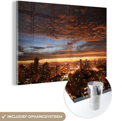 ® Glasschilderij 180x120 cm - Schilderij acrylglas - Panorama van Braziliaanse skyline Curitiba zonsondergang - Foto op glas - Muurdecoratie woonkamer - Wanddecoratie slaapkamer - Schilderijen