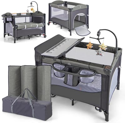 COSTWAY 5 in 1 babybedje, reisbedje met matras, in hoogte verstelbare co-sleeper met luiertafel, veiligheidsgordel, muziekdoosje & hangend speelgoed, bassinet met wielen voor peuters, blauw
