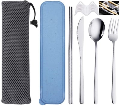 Dailygoods- Bestekset 4 Delig - Roestvrij Staal - Herbruikbaar - Opbergdoos - Eetstokjes - Ideaal voor Reizen - Eetgerei