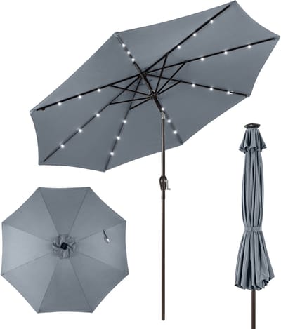 COSTWAY Parasol 300 cm met led-verlichting, parasolvoet niet inbegrepen, tuinparasol met zwengel, aan beide zijden 30° knikbaar, terrasparasol met 8 ribben, marktscherm voor tuin, balkon (grijs)