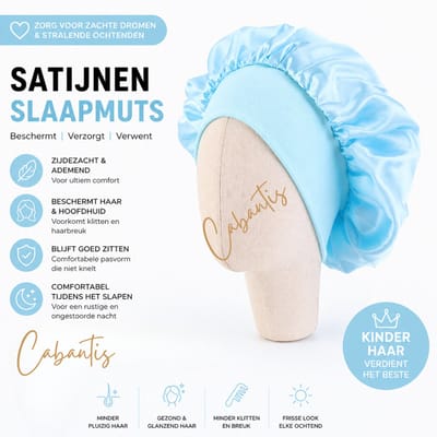Cabantis® Kinder Slaapmuts Satijn – Anti Pluis & Klitten – Zachte Bonnet voor Krullen – Beschermt Haar tijdens Slapen – Comfortabele Pasvorm - Lichtblauw