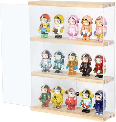 Wanddisplaykast van transparant acryl met 3 lagen, stofdichte organizer voor verzamelobjecten, Funko-poppen en minifiguren, 29.2 x 8.5 x 38 cm, houten kleur, ideaal voor decoratie en opslag