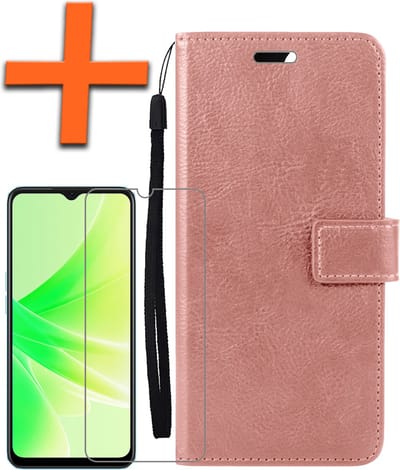 Hoes - Met Screenprotector - Geschikt voor OPPO A17 - Luxe Pasjeshouder - Bookcase Portemonee - Flip Case - Kunstleer Book Case - Flipcase - Book Cover - Walletcase - PortemonneeHoes - Rosé goud