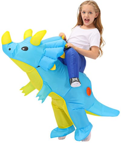 KIMU® Opblaas Kostuum Kinderen Triceratops Blauw - Maat 110 116 122 128 134 140 - Opblaasbaar Pak - Dinopak Mascotte Opblaaspak - Opblaasbare Dino Jongen Meisje Festival