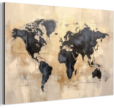 Aluminium schilderij 180x120 cm - Wanddecoratie metaal - Wereldkaart - Goud - Zwart - Abstract - Metalen muurdecoratie woonkamer - Decoratie industrieel - Foto op dibond - Industriële accessoires slaapkamer