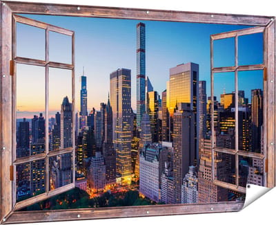 Gards Tuinposter Doorkijk New York bij Zonsopgang - 180x120 cm - Tuindoek - Tuindecoratie - Wanddecoratie buiten - Tuinschilderij