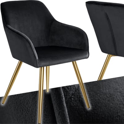 tectake® Eetkamerstoel Marilyn - Met Armleuningen - Elegante Stoel met Gevoerde Zitting in Fluweellook - Gestoffeerd - Gouden Metalen Poten - Ergonomische Keukenstoel - Stoel voor Woonkamer, Eetkamer en Slaapkamer - Zwart