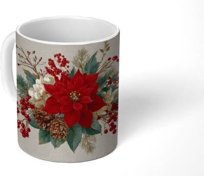 Mok - Koffiemok - Kerststuk - Poinsettia - Dennenappels - Rood - Mokken - 350 ML - Beker - Koffiemokken - Theemok
