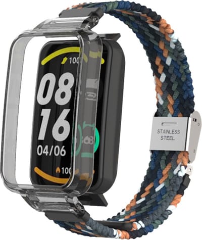 By Qubix - Braided nylon bandje met case - Multicolor Dark - Geschikt voor Xiaomi Smart Band 7 Pro / Mi Band 7 Pro bandje