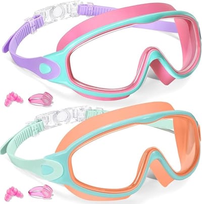 2 Stuks Kinder Zwembrillen voor 3-12 Jaar - Breed Lekkagebestendig Kind Zwemglas met Oordopjes & Neusklem - Anti-Wasem UV Bescherming Zacht Silicone Zwembril voor Jongens Meisjes Strand Watersport