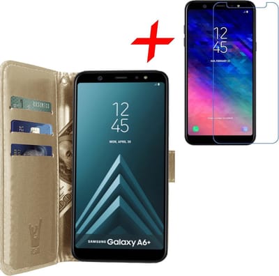 Hoesje geschikt voor Samsung Galaxy A6 Plus 2018 - Screen Protector GlassGuard - Book Case Kunstleer Pasjeshouder Goud & Screenprotector