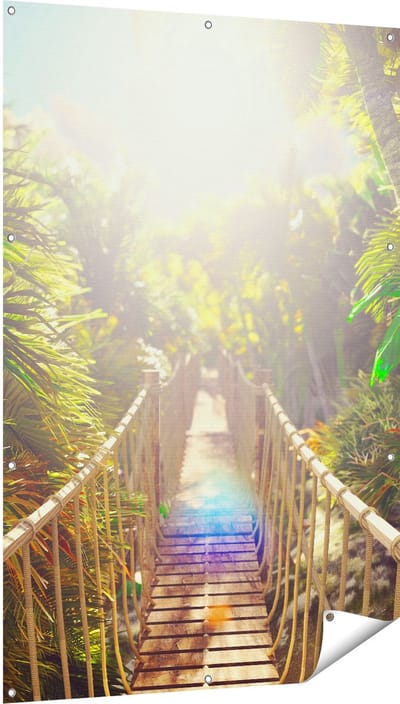 Gards Tuinposter Houten Brug in de Tropische Jungle - 100x150 cm - Tuindoek - Tuindecoratie - Wanddecoratie buiten - Tuinschilderij