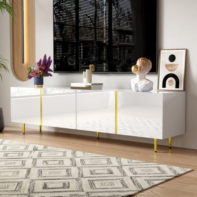 DESMIU Tv Meubel - Hoogglans Kast Met 4 Deuren En Soft Close - Voor Woonkamer En Mediaopslag - MDF - 170x35x46 Cm - Wit