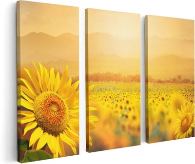 Artaza Canvas Schilderij Drieluik Zonnebloemen Veld Met Zonopkomst - 120x80 - Foto Op Canvas - Canvas Print