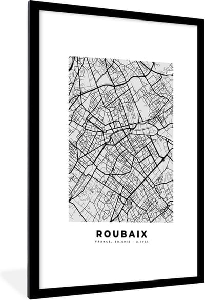 Fotolijst incl. Poster - Plattegrond - Kaart - Stadskaart - Frankrijk - Roubaix - 60x90 cm - Posterlijst