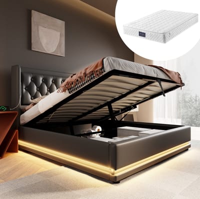 MEUNIQ tweepersoons bed 140x200 cm met hydraulische opbergruimte, USB en Type-C in hoofdbord, 3-zijdige LED-verlichting, kunstleer, zwart, voor slaapkamer