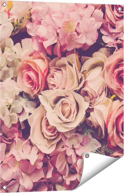 Gards Tuinposter Roze Rozen Achtergrond - Retro - Bloemen - 60x80 cm - Tuindoek - Tuindecoratie - Wanddecoratie buiten - Tuinschilderij